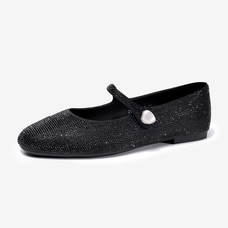 Black Sheep Suede Mary Jane Shoes Square Toe Belt Buckle Crystal Single Shoe Low Heel Women's Shoes
