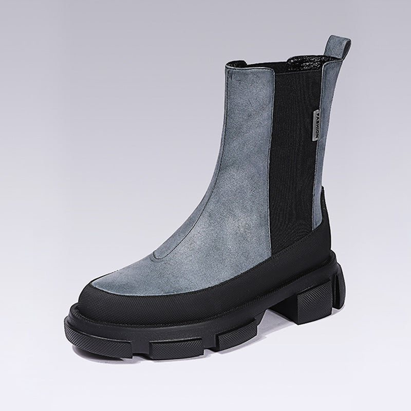 Lacer-up Thick Bottom Short Boots Women Cow Suede Elastic Band Splicing Ankle Botas Autumn Winter Chelsea Boots