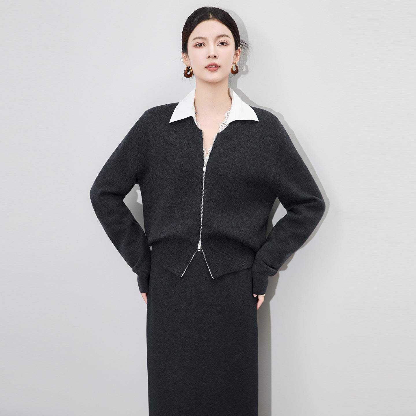 Retro Cashmere Knitted Open Cardigan Double Zipper Thickened Loose Versatile Outerwear Autumn Winter New Arrival Solid Color