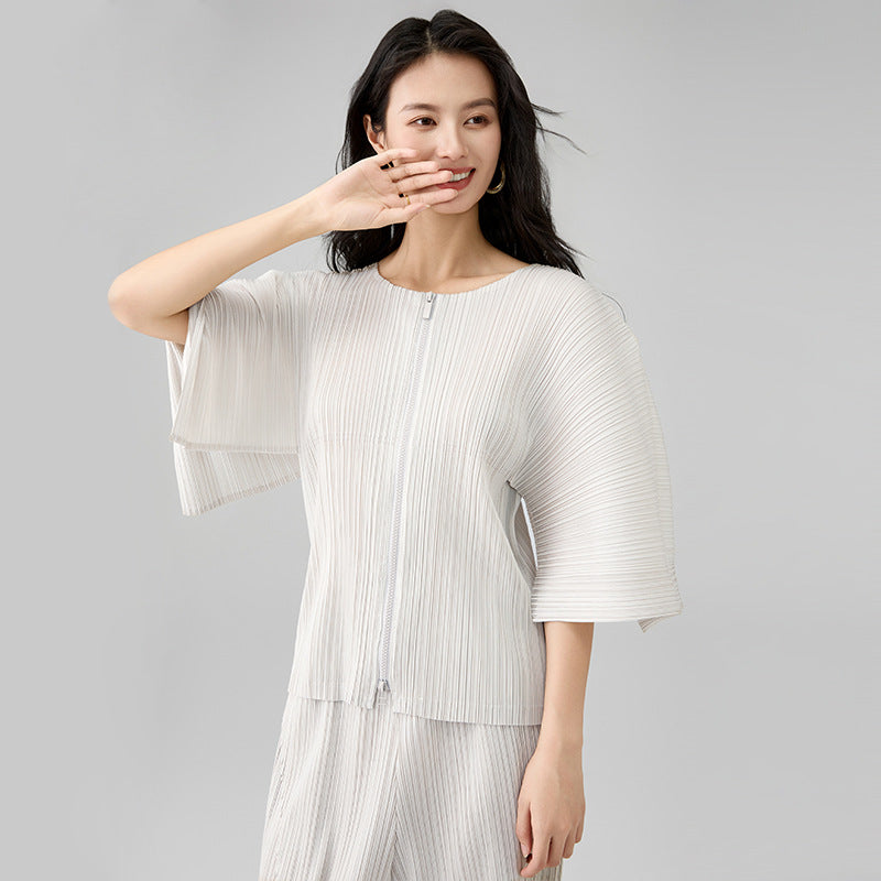 Pleated Deisng Two Pieces Set Women's Round Collar Profile Half Sleeve Zipper Tops And Folded spliced Pants Sets