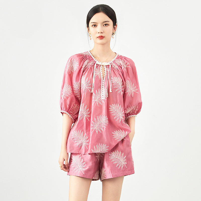 100% Silk Women's Blouse O Neck Half Sleeves Printed Elegant Fashion Casual Summer Blouses