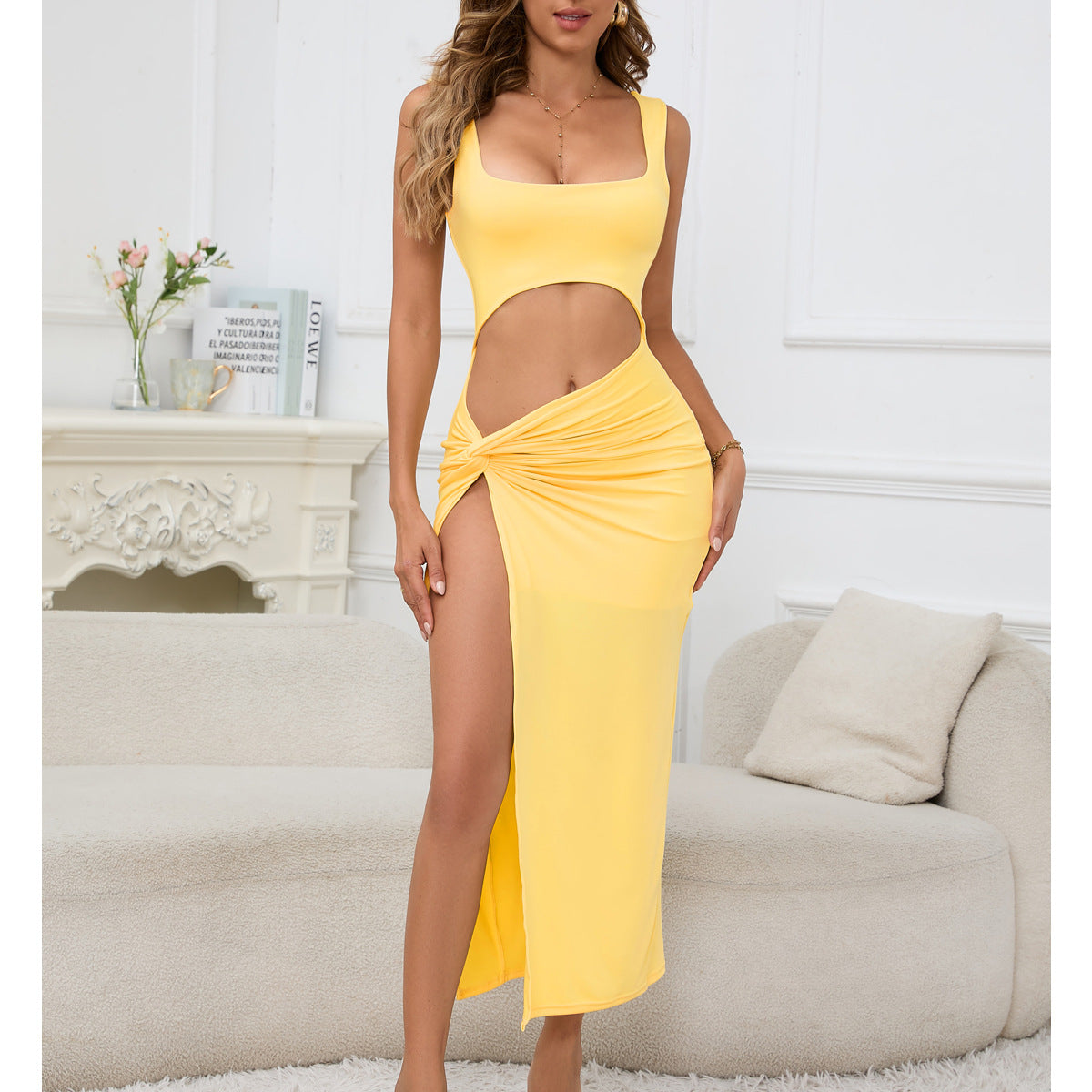 Summer New Women's Fashion Beach Dress Sexy Solid Color Irregular Side Slit Dress European And American Style