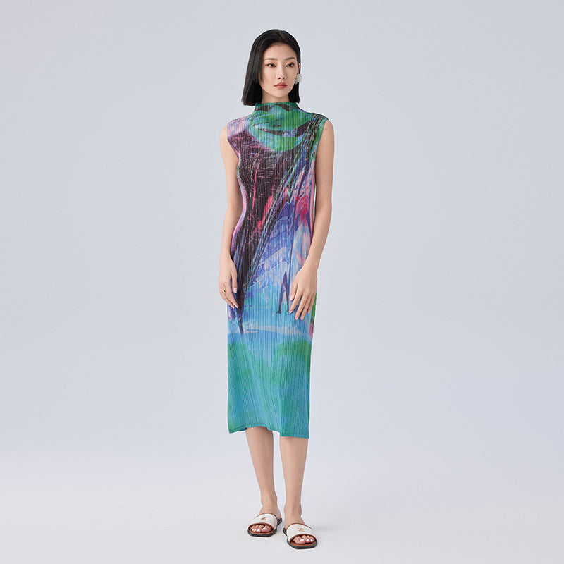 Elegant Resort Style Vest Dresses Fashion Models Printed Pleated Sleeveless Lace Up Design Women's Long Dresses