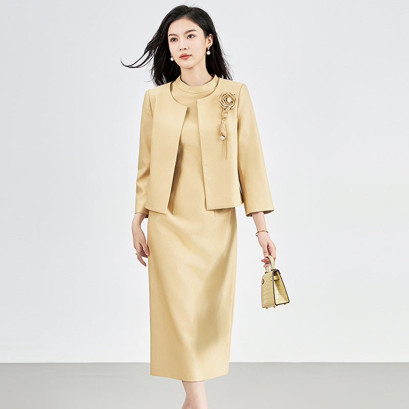Autumn New 2024 Elegant Dresses for Women Designer Full Sleeve Short Jacket Top+Short Sleeve Dress 2 Piece Suit Yellow Vestidos