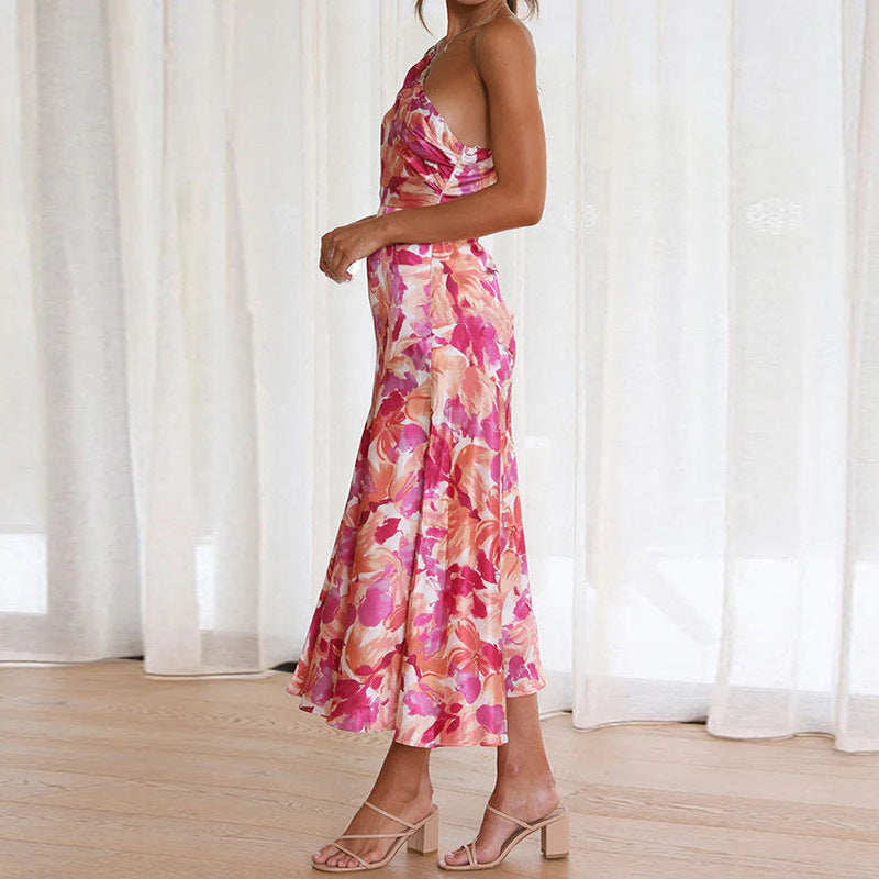 Elegant Oblique Shoulder Pleated Floral Print Spaghetti Dresses For Women Sexy Backless Strape Summer Midi Dress Vestidos