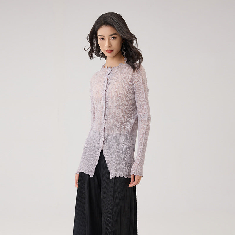 New Lightweight Breathable Cardigan Single Breasted Pleated Shirt Women's Slim Fit Long Sleeve Chiffon Top