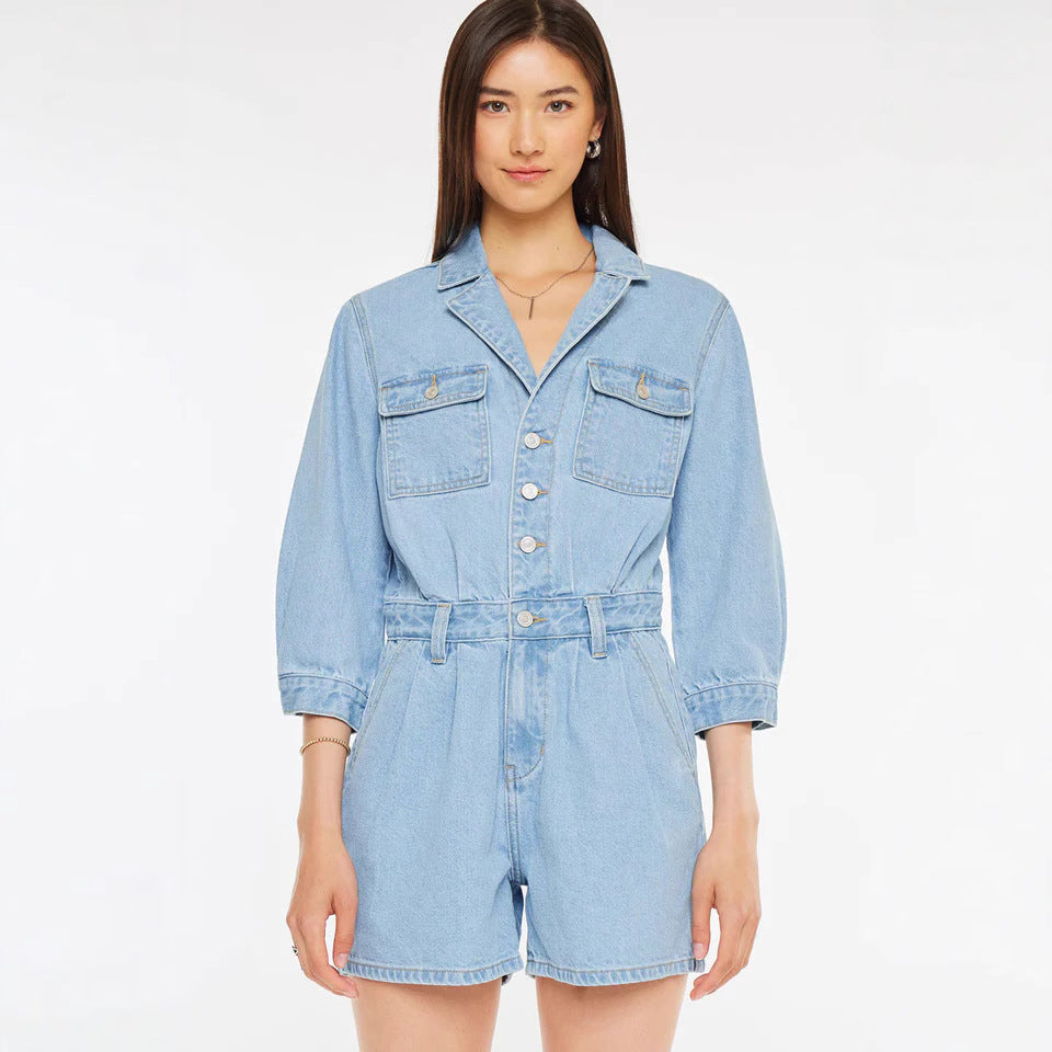 Woman Jeans Jumpsuit Long Sleeves High Waist Denim Bodysuit Notched Fashion Playsuit Jumpsuits