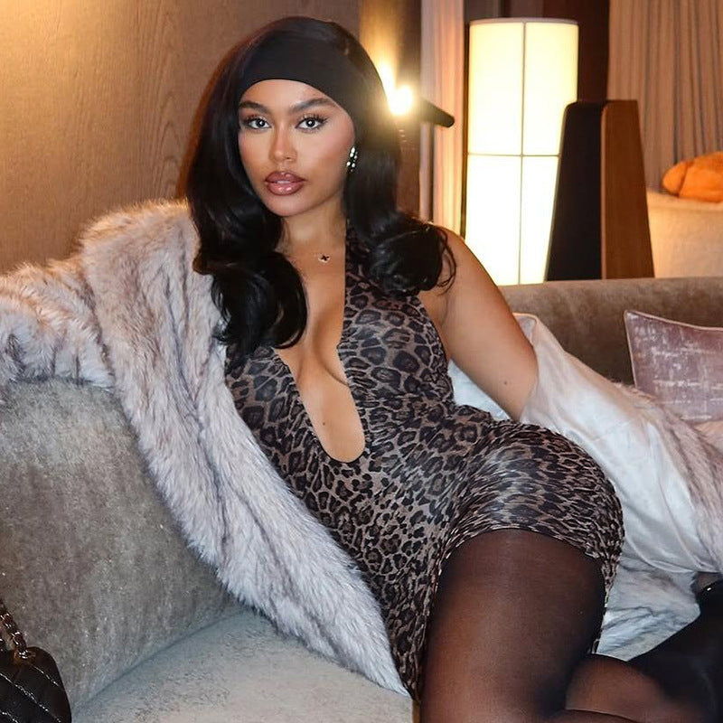 Halter Ruched Sexy Dress Women Leopard Fishbone Deep V-Neck Sleeveless Backless Midnight Birthday Party Bodycon