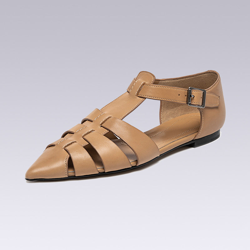 Women Retro Solid Color Sandalias Genuine Leather Weaving Design Flat Sandals Summer Outdoor Vacation Beach Shoes