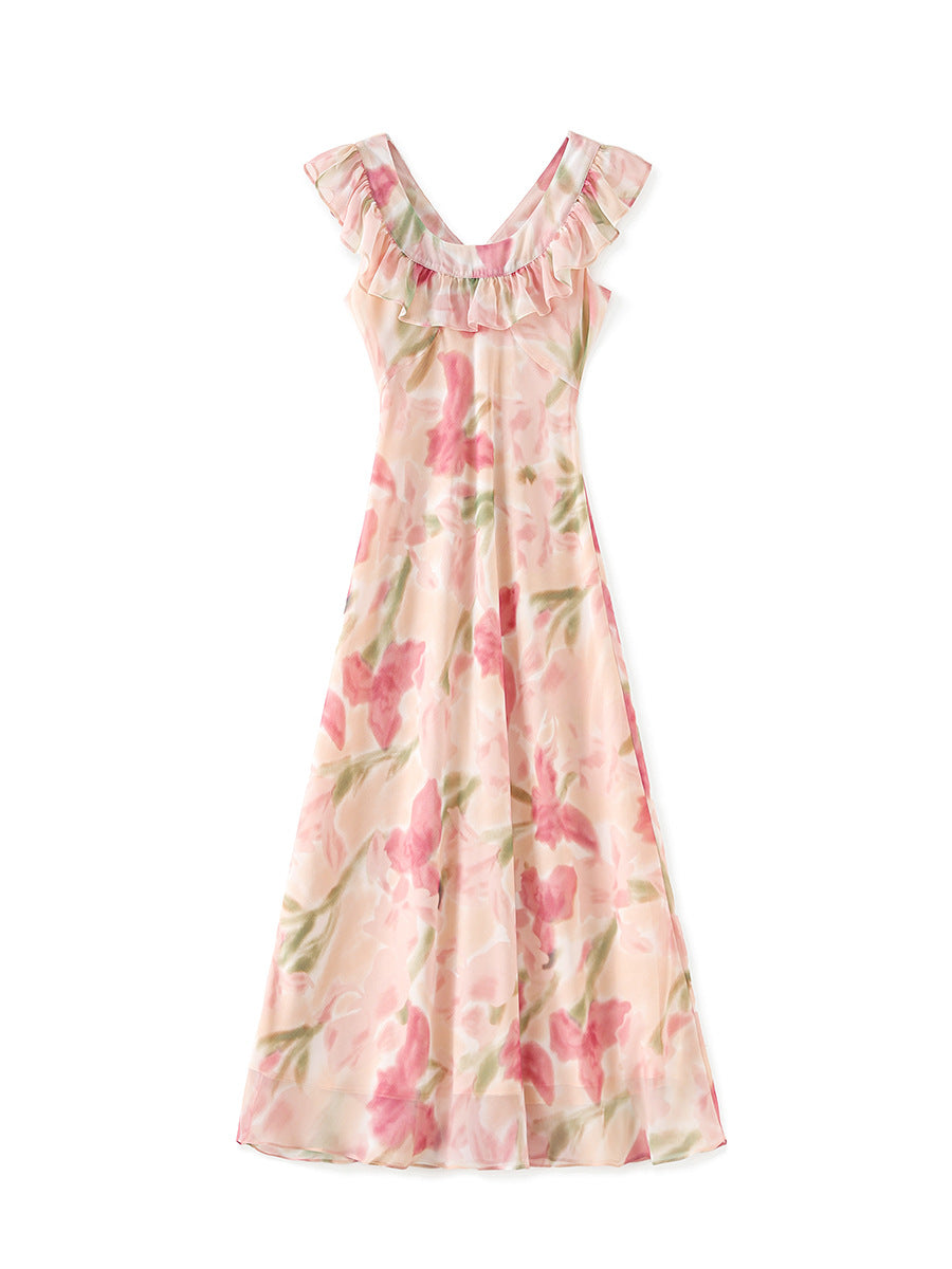 Elegant Slim Fit Summer Dress 2025 New French-inspired Ruffle Hem Maxi Vacation Resort Unique Design