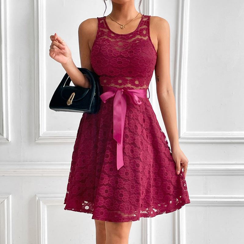 Women'S Lace Party Dress Summer Short Sleeve O Neck Swing High Waist Bridesmaid Dress Bow Tie Formal Cocktail Swing A Line Dress