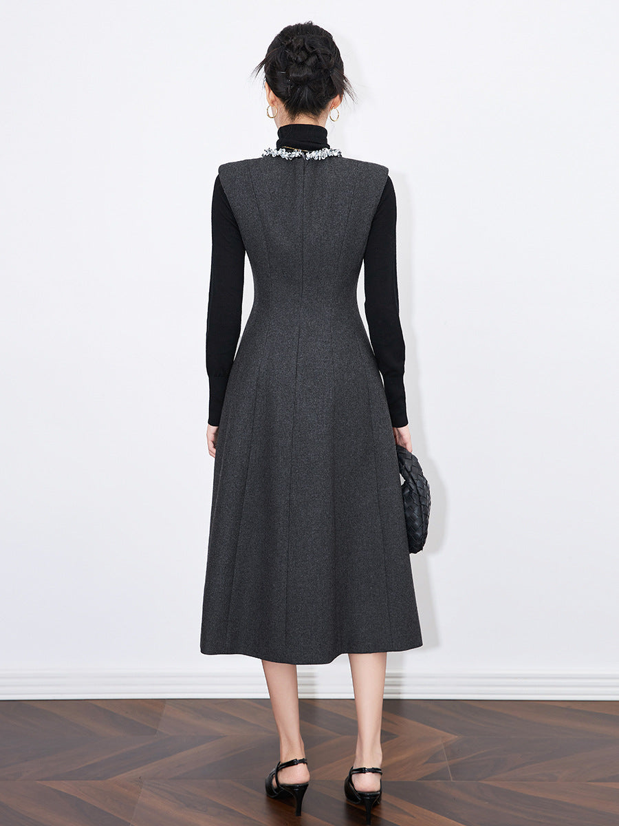 Fashion Gray Wool Blends Dress Women's Diamond Inlay Round Neck Slim Sleeveless A-line Dresses