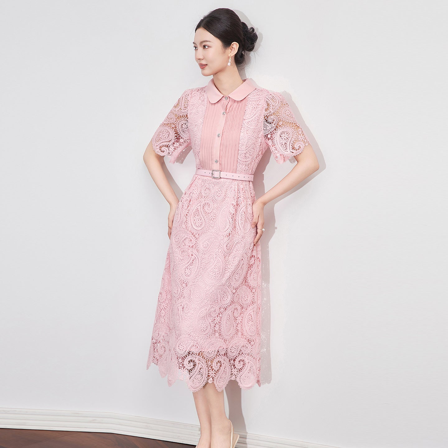 Elegant Commuter Lace Dress Doll Collar Short Sleeve Single Breasted High Waist Belt Slim A-line Long Dress Women Summer