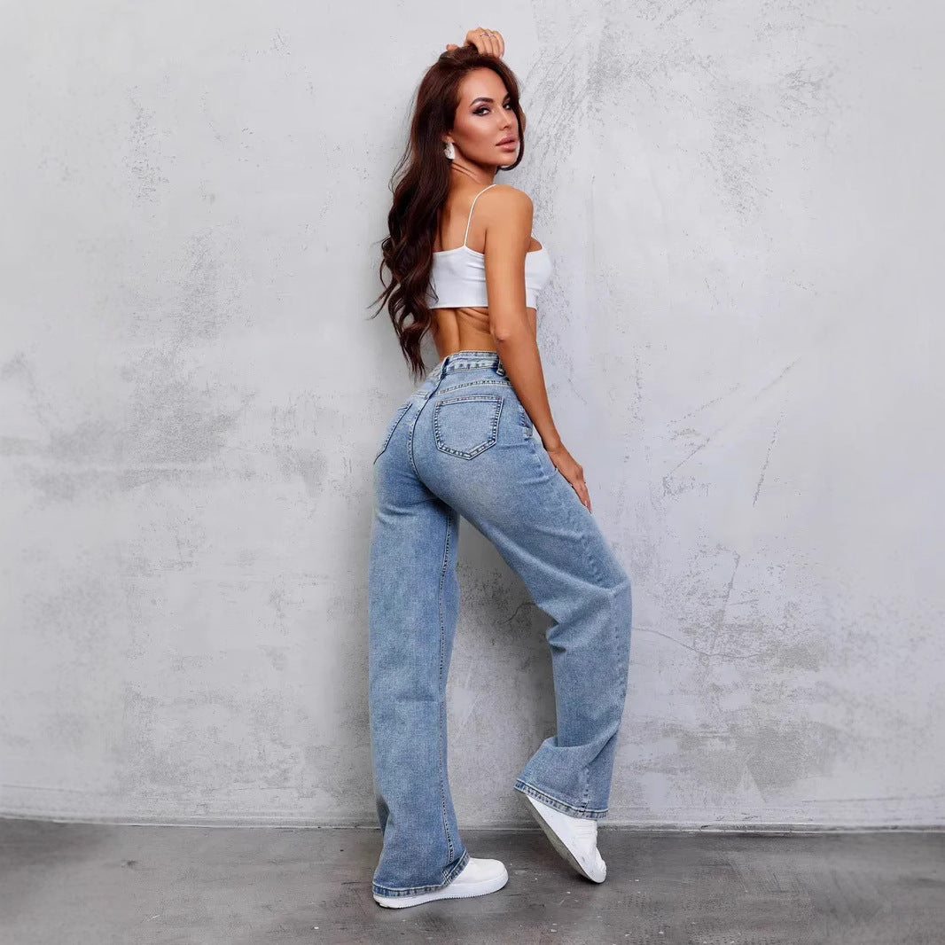 Autumn Winter Solid Color Loose Denim Pants Women Low Waist Wide Leg Trousers with Multi Pockets Streetwear