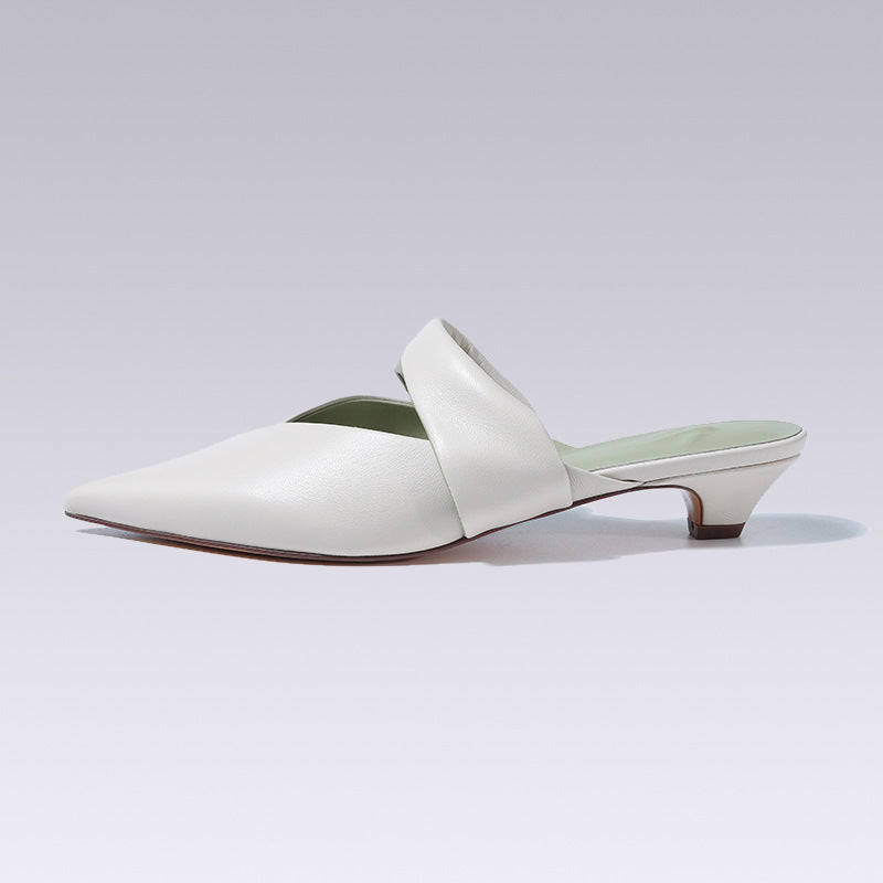 Women Sandals Genuine Leather Pointed Toe Thick Heels Mules Slippers Shoes Woman Spring Summer Office Ladies Casual