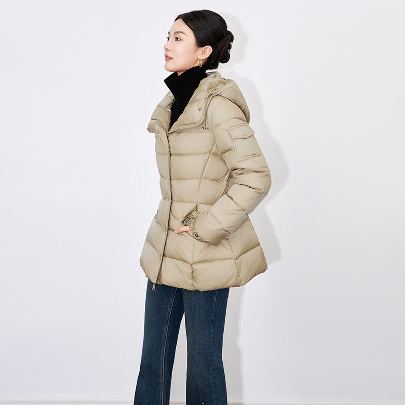 Warm Down Jaet Ski Suit with Belt Stand Collar Women's Faion Commute Korean Sle Memory Fabric Long Sve Thiened