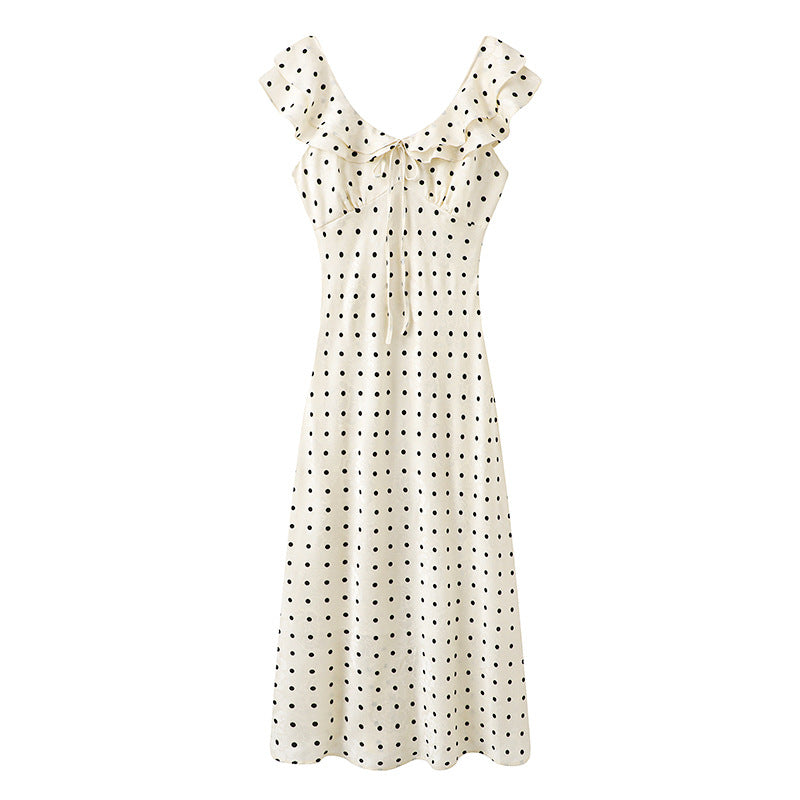 Vintage Dress For Women Round Neck Lace-up Polka Dot Printing Short Sleeve Gathered Waist Female A-line Dresses