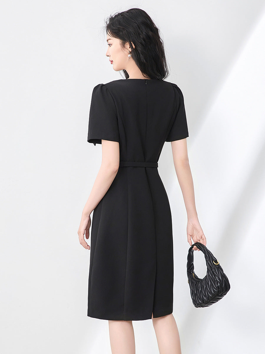 Elegant Bow Office Dress Women Designer Fashion Short Sleeve Belted Solid Red Party Knee Length Dresses Female Robes