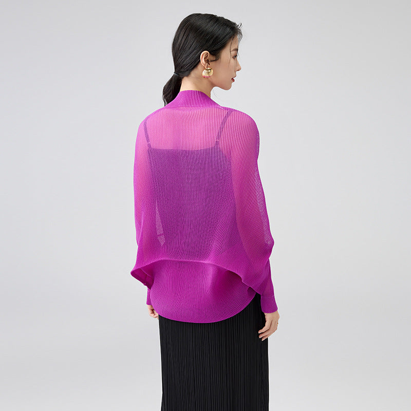 Summer Semitransparent Lightweight Pleated Coat For Women Mesh Bat Sleeve Cardigan Casual Jacket