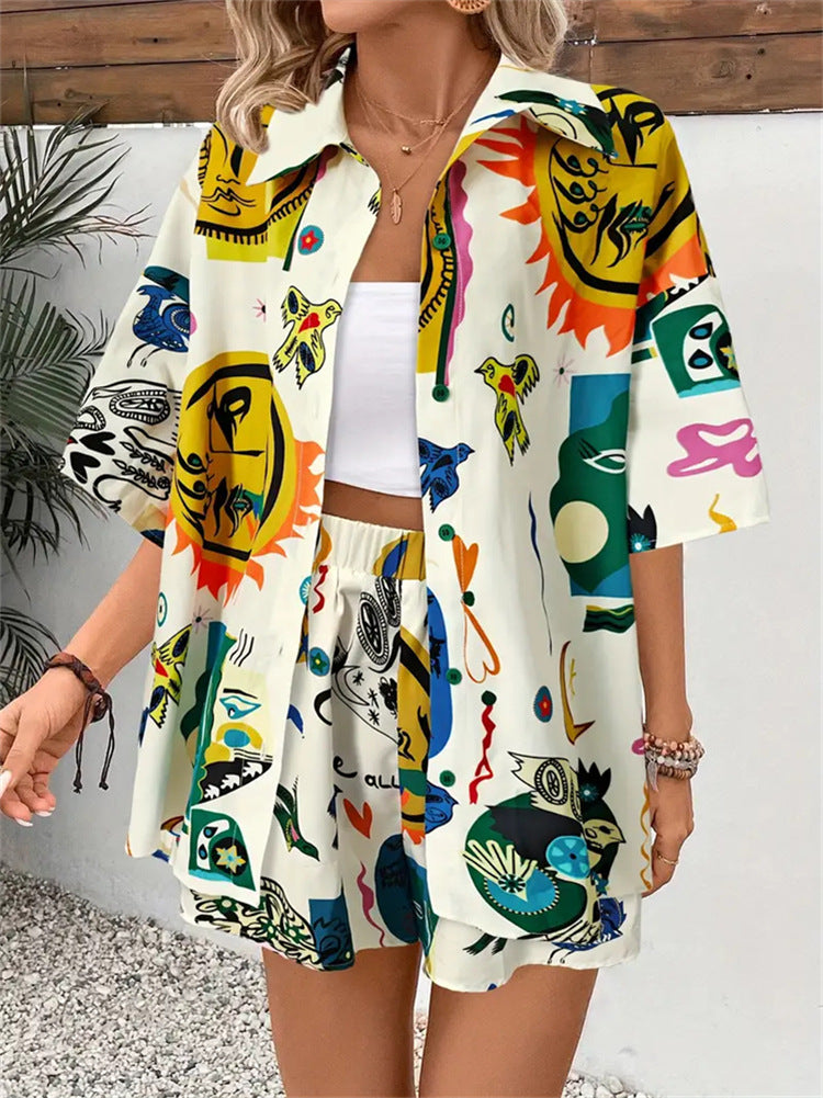 Graffiti Printed T-shirt Shorts Set For Women