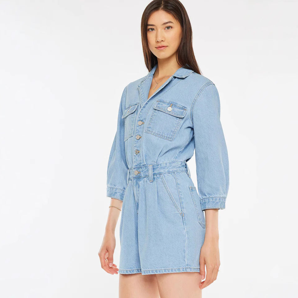 Woman Jeans Jumpsuit Long Sleeves High Waist Denim Bodysuit Notched Fashion Playsuit Jumpsuits