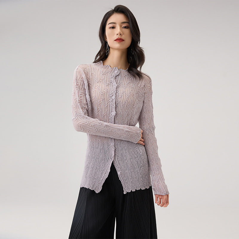 New Lightweight Breathable Cardigan Single Breasted Pleated Shirt Women's Slim Fit Long Sleeve Chiffon Top