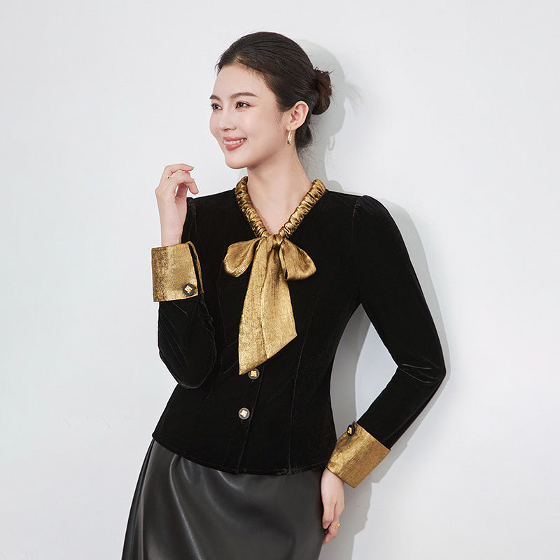 Women Bowtie collar Elegant Basic Blouse Spring Autumn Fashion Gold Velvet Shirt Long Sleeve Pullover Tops Women's Clothing