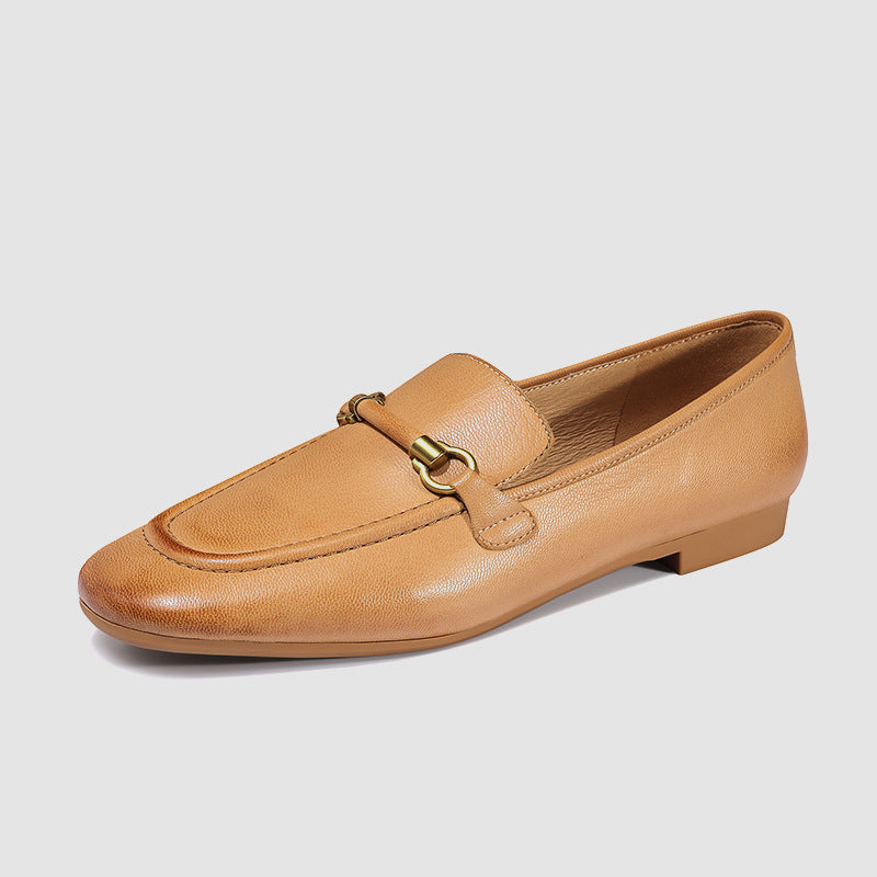 Breathable Square Toe Casual Woman Loafers Flat Heel British Style Genuine Leather Metal Chain Daily Life All-Match Shoes