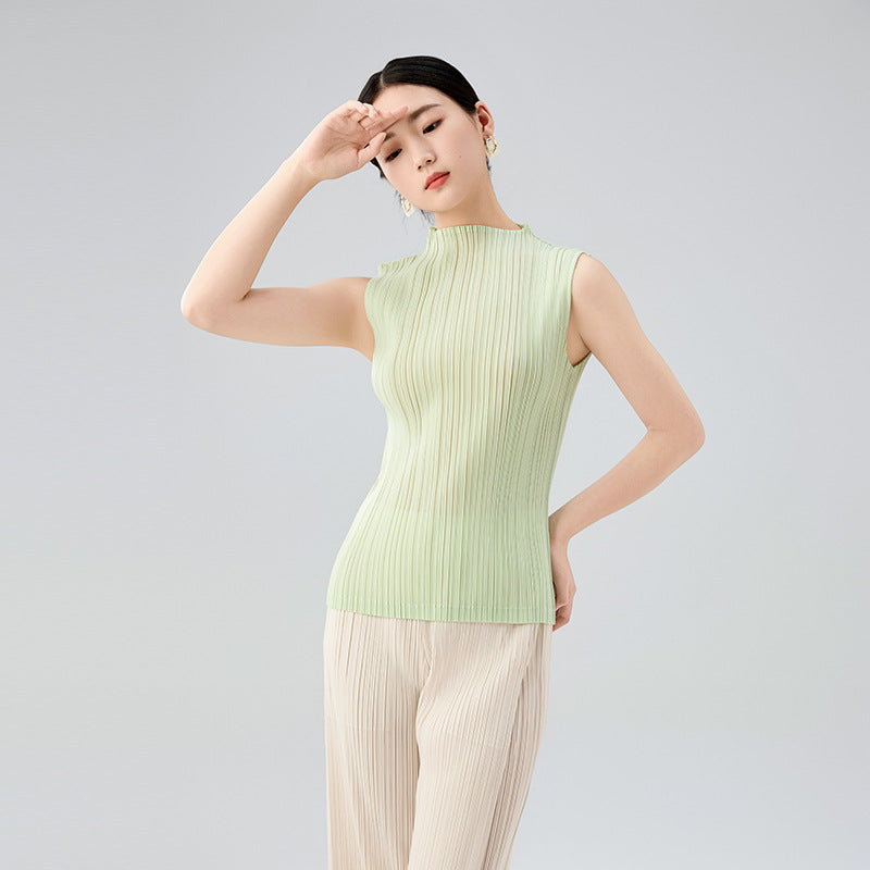 Summer Chic Mint Green Sleeveless Stand Collar Vest Basic Slimming Versatile Top For Women
