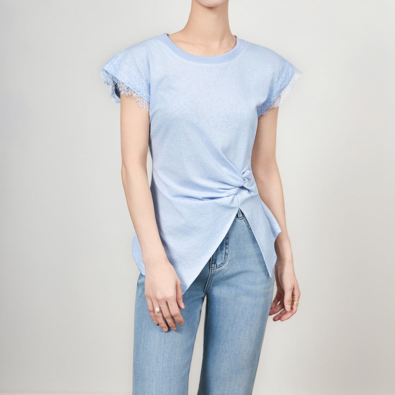 Summer Fashion Cotton Women T Shirt Short Sleeve Lace Patchwork Casual Tees Solid Basics Going Out Female Tops