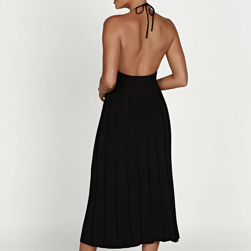 Summer Autumn Elegant Backless Knitted Dress Women Solid Halter Lace Up Sleeveless Slim Spicy Girls Street Club Party Robe