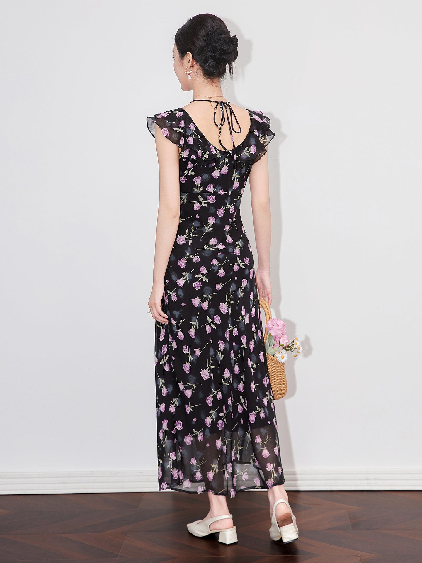 New French Floral Print Ruffle Collar Waist-Defining Elegant Women's Summer Dress Designer Style