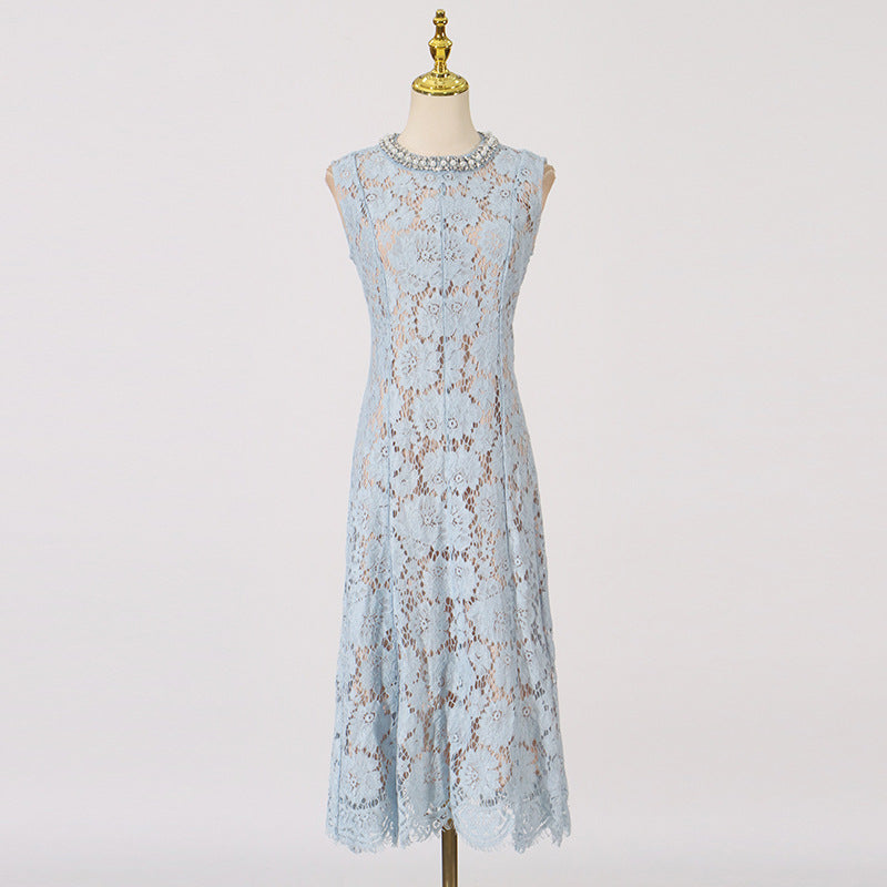 Elegant Heavy Industry High-Grade Midi Dress New Fashion Lace Flower Sleeveless Round Neck Dress Women
