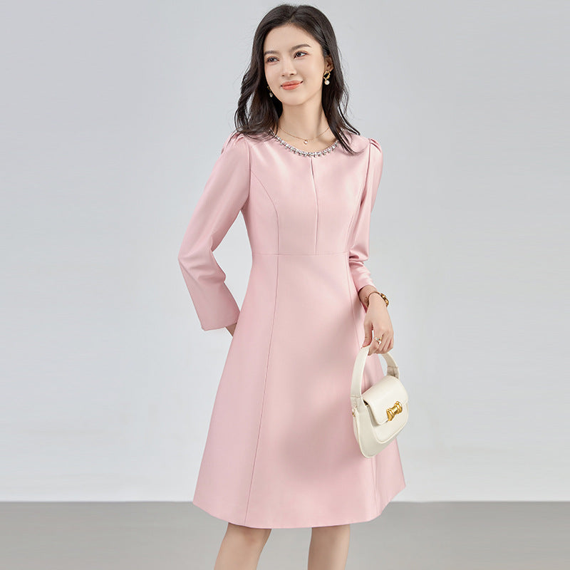 Elegant Neckline Hollow Out Rhinestone Socialite Style Dress French Style A- Line Skirt For Women Luxury Lightweight