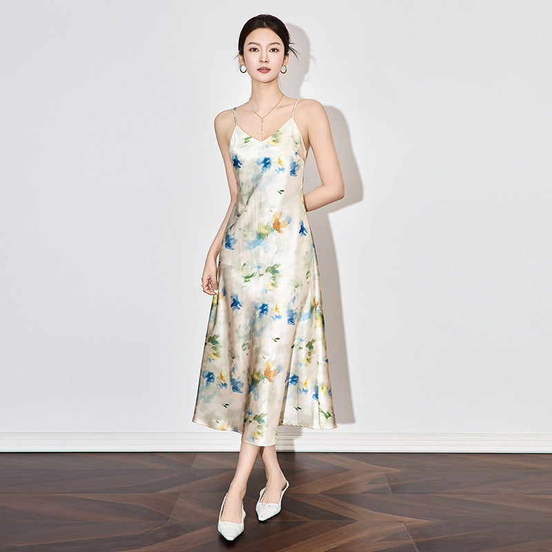 New Chinese Style Water-Media Painting Strap Beach Dress Women Summer Vacation Gown Sleeveless Super Fairy Tale Dress