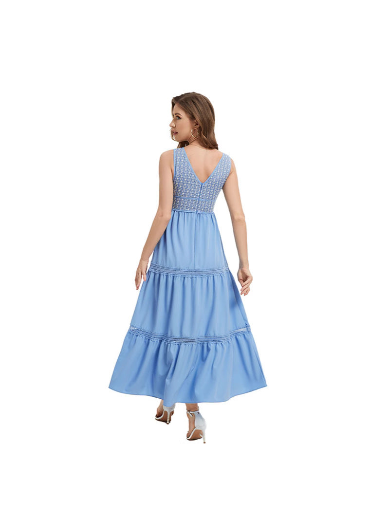 Summer Hot Beach Vacation Solid Color Suspender With Black Fungus Edge High Waisted Dress