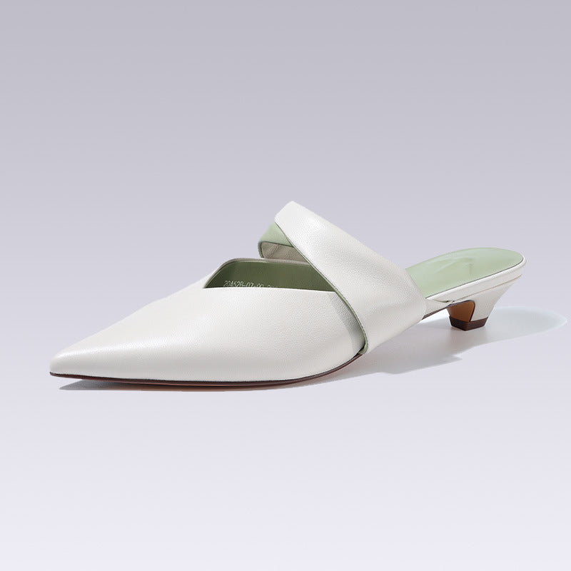 Women Sandals Genuine Leather Pointed Toe Thick Heels Mules Slippers Shoes Woman Spring Summer Office Ladies Casual
