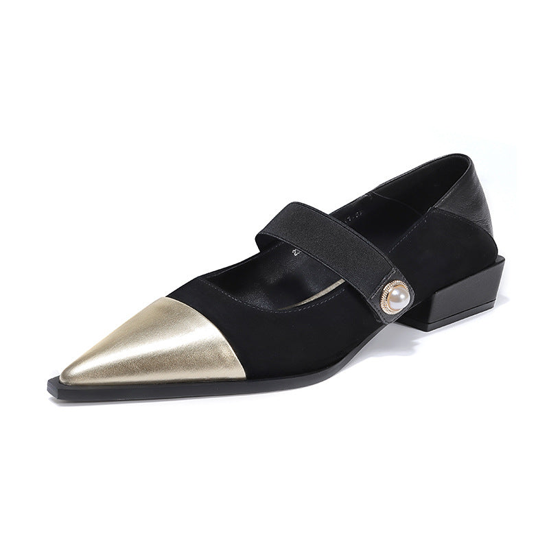 Cowhide Mary Jane Shoes Pointed Toe Flat Heel Golden Camellia Two-Tone Cushioned Insole Black Champagne Korean Style