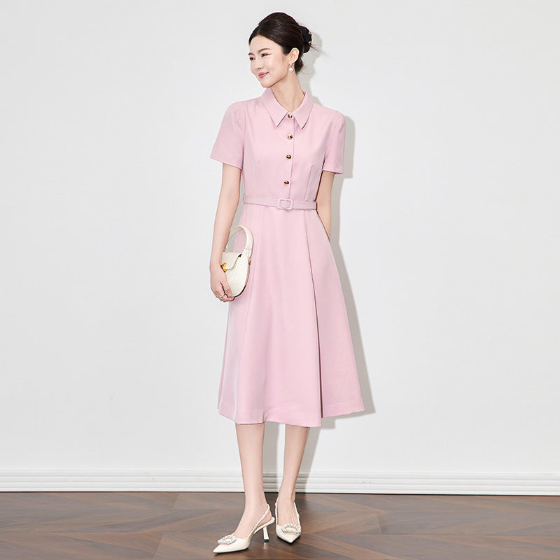 Women Elegant Brief Style Turn down Collar Summer Midi Dress Short Sleeve Solid Pink Black A-Line Casual Office Dress