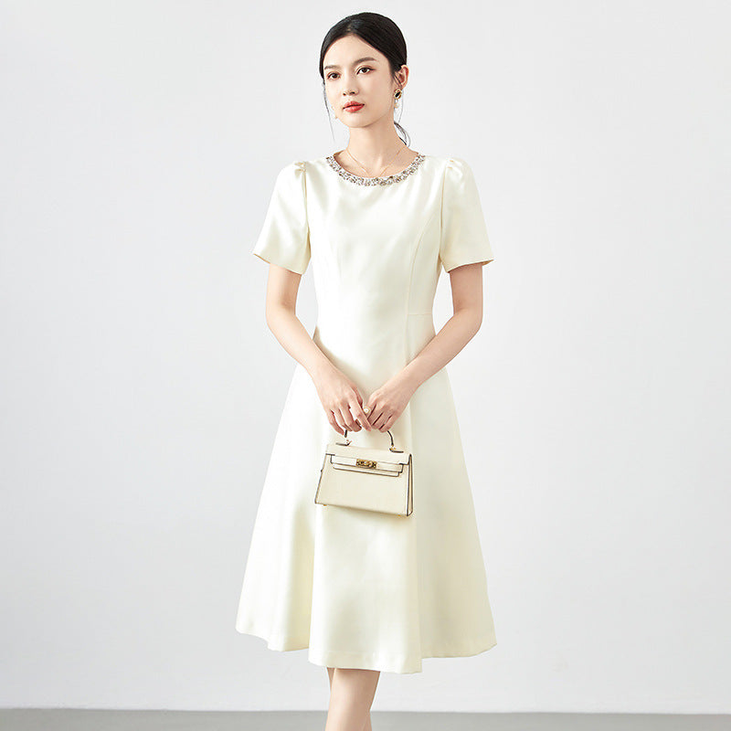 French Women's Dress Delicacy Imitation Silk Bead Diamond Round Collar Solid Color Short Sleeved Skirt Luxury Elegant Dress