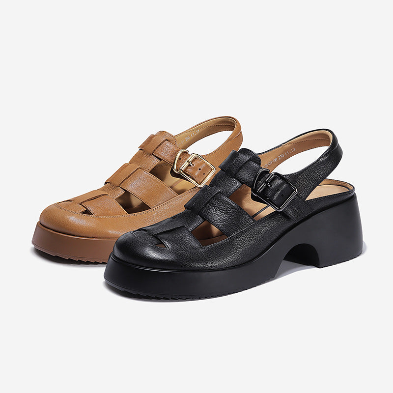 Real Leather Sandals For Women In Summer White Retro Thick Heel Hollow Pig Cage Shoes