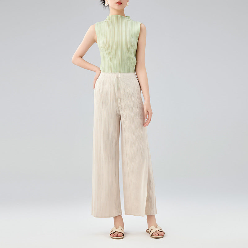 New Temperament Mid-waist Pleated Long Paragraph Splicing Straight Pants