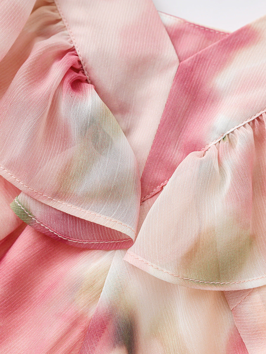 Fashion Pink Printed Ruffles Tank Dress Women's V-neck Slim High Wiast A-line Mid-calf Dresses New