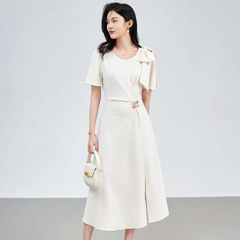 Elegant Womens Red Midi Dress Short Sleeve A Line Cocktail Party With Belt Fashion Casual Summer
