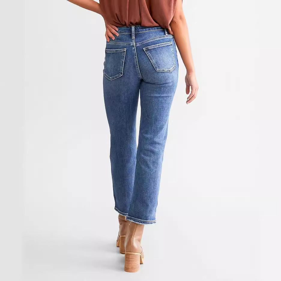 Denim Button Elastic Pocket Waist Jeans Woman High Street Vintage Trousers High Loose Women'S Jeans Cargo Pants