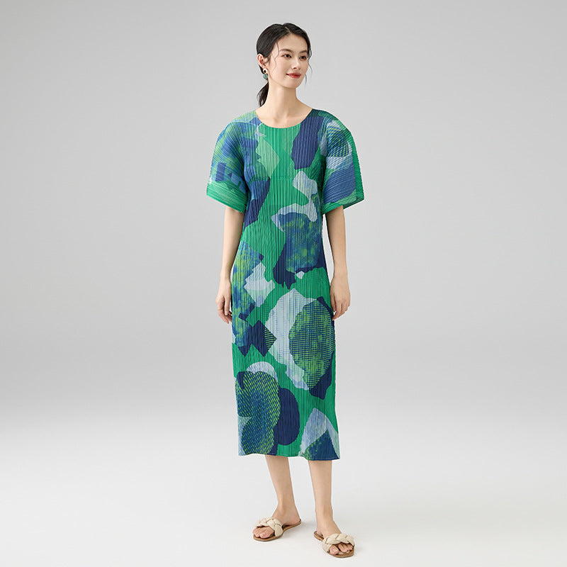 Geometric Print Pleated Dress 3/4 Sleeve round Neck Loose Fit Fashionable Stylish New Style