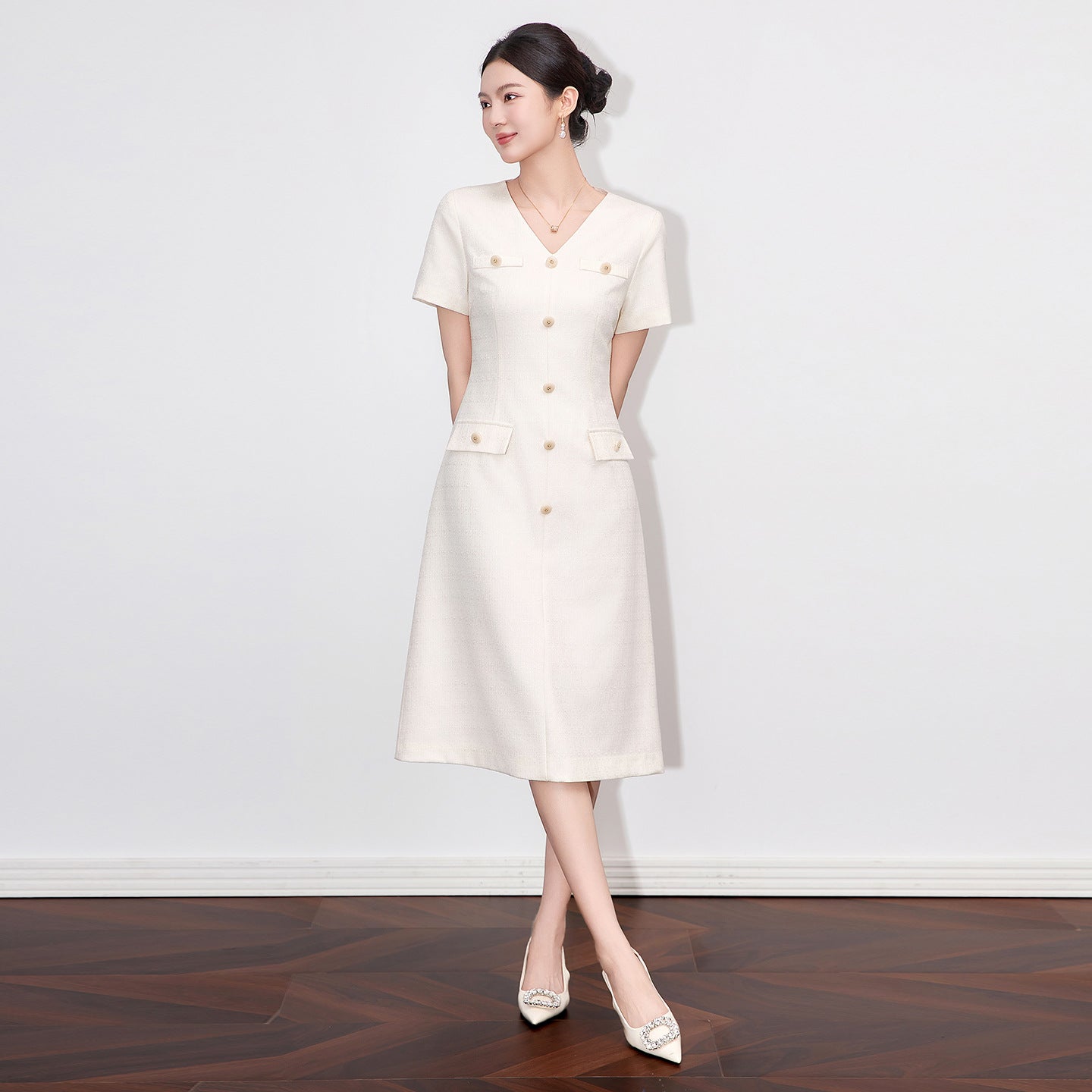 Small Fragrance Style Dress For Women V-neck Short Sleeve Solid Color Patchwork Slimming Female Dresses