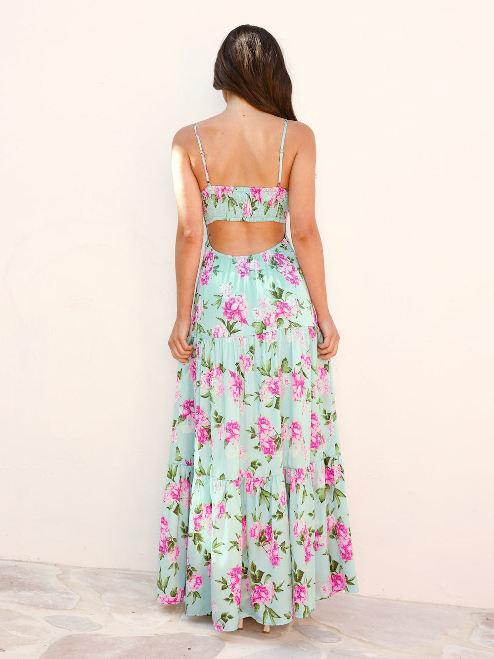 Flower Print Hollow Suspender Long Dress Fashion Women Off Shoulder Pleated Bohemian Dress Vacation Backless Summer Casual Dress