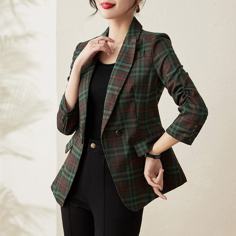 Ladies New Cotton Linen Plaid Suit jacket Spring Autumn Leisure Slim Long Sleeve Short Ladies Small Suit Temperament Suit Jacket