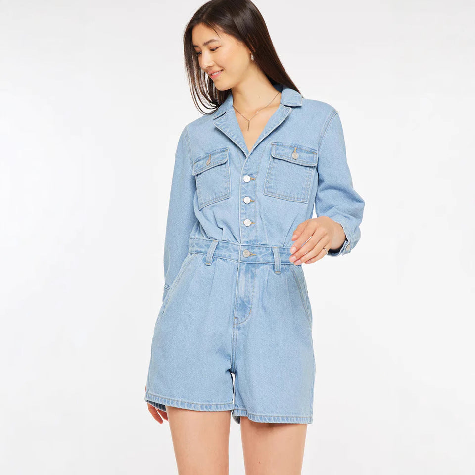 Woman Jeans Jumpsuit Long Sleeves High Waist Denim Bodysuit Notched Fashion Playsuit Jumpsuits
